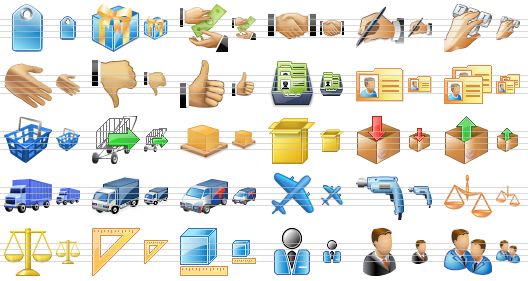 perfect toolbar icons - tag, gift, payment, handshake, signature, login, hand, bad mark, good mark, card file, account card, account cards, basket, check out cart, pallet, package, put, extract, trailer, delivery, ambulance, airplane, equipment, scales, balance, measure, units, person, boss, staff icon