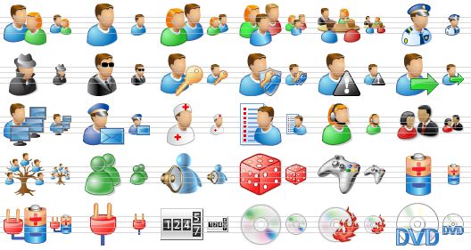 perfect toolbar icons - people, user, users, user group, conference, police officer, spy, security, user login, key keeper, black list, user logout, admin, postman, doctor, client list, receptionist, customers, genealogy, chat, voice chat, games, gamepad, battery, electric power, electricity, counter, cd, burn cd, dvd icon