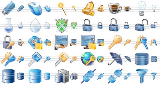 perfect toolbar icons - usb drive, mouse, wizard, bell, coffee, tip of the day, retort, drop, protection, lock, unlock, open lock, registration, voice identification, computer access, local security policy, key, keys, key copy, car key, access key, internet access, umbrella, db, database, data, database server, connect, disconnect, filter icon