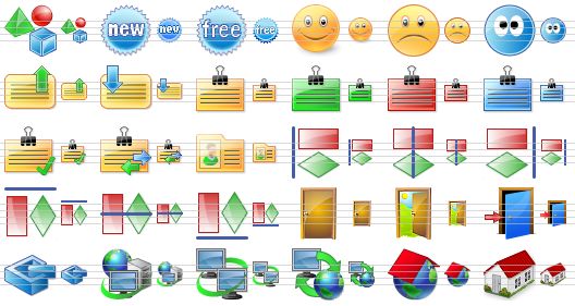perfect toolbar icons - objects, new, free, smile, depression, nick, send message, get message, message, green message, red message, blue message, checked message, synchronize messages, person details, align left, align center, align right, valign top, valign center, valign bottom, closed door, open door, exit, location, internet, intranet, pc-web synchronization, home page, house icon