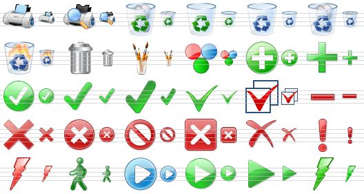 perfect toolbar icons - print, print preview, full recycle bin, recycle bin, empty dustbin, full dustbin, burn dustbin, trash, graphic tools, rgb, create, add, ok, apply, post, yes, check boxes, remove, delete, cancel, no, close, erase, problem, disaster, ignore, start, play, go, execute icon