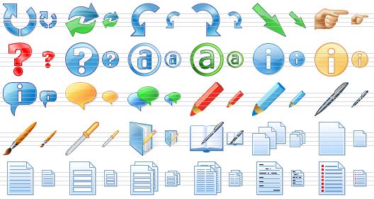 perfect toolbar icons - cycle, sync, rotate ccw, rotate cw, downward pointer, index, question mark, help, value, attribute, info, information, about, hint, hints, pencil, modify, pen, brush, pipette, notes, notebook, paper, new document, text file, blank, blanks, copy document, form, list icon