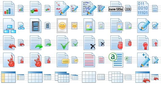 perfect toolbar icons - report, market report, edit document, order form, rename document, binary data, site map, video file, smile image, image document, graphic file, drawing, import text, export text, check file, corrupt text, text file error, certificate document, burn sheet, burn document, properties, event manager, file attribute, object manager, grid, table, tables, datasheet, datasheets, import table icon