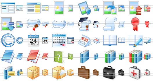 perfect toolbar icons - web form, web site, image, image protection, resize image, upload image, download image, certification, roll, knowledge, script, award, copyright, calendar, period end, newspaper, book of records, records, case history, red case history, help book, book, books, book library, bookmark, card index, open card index, brief case, case, first aid icon