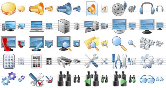 perfect toolbar icons - tambourine, megaphone, forum, sound document, multimedia file, head-phones, computer, notebook computer, server, my computer, display, monitor, phone support, inventory, find on computer, find in folder, find, keyboard, keypad, calculator, chip, options, tools, gear, configuration, check options, search, search previous, search next, view icon