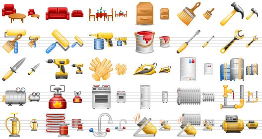 perfect warehouse icons - furniture, sofa, kitchen, chest of drawers, brush, hammer, instrument, roller, pulverizer, paint, screwdriver, wrench, knife, driil, working gloves, home technics, water heater, tanks, boiler, burner, stove, refrigerator, radiator, pipes and fittings, pump, cable heating, kitchen tap, heater, heat equipment, generator icon