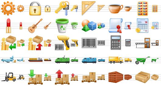 perfect warehouse icons - machinery, lock, keys, measuring, cookware, drugs, cosmetics, musical instruments, dustbin, objects, certification, invoice, sale, buy, barcode scanner, barcode, calculator, toll, air cargo, cargo ship, electric train, train, lorry, wheelbarrow, forklift truck, loading, unloading, pallet, freight container, box icon