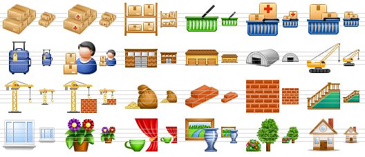 perfect warehouse icons - store, medical store, goods, product basket, medical supplies, products, baggage, storekeeper, warehouse, storehouse, hangar, crawler crane, hoisting crane, construction, sandbag, bricks, brick wall, stairs, window, flowers, house goods, interior, landscape, house icon