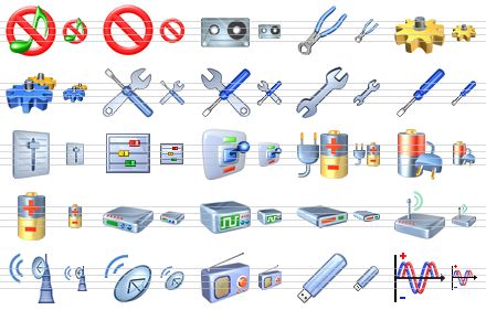 phone icon library - silent ring, no, tape cassette, nippers, configuration, gears, tools, options, repair, screwdriver, level, equalizer, switch, electric power, power, battery, device, oscilloscope, modem, wireless modem, radio transmitter, dish aerial, radio, bluetooth adapter, sinusoid icon