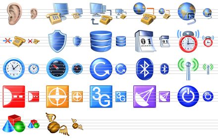 phone icon library - ear, phone and monitor, network connection, internet connection, network connections, no connection, shield, database, calendar, alarm, time, gauge, repeat, bluetooth, wi-fi, irda, gps, 3g, gprs, turn off, misc, flying jawa icon