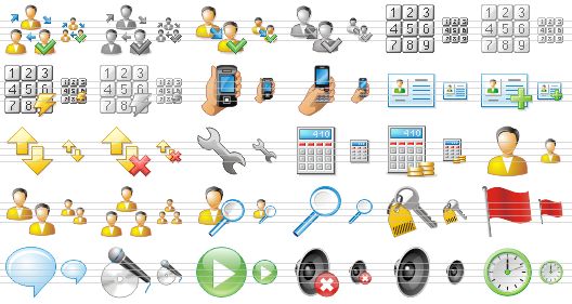 phone toolbar icons - complete conference, complete conference v2, complete transfer, complete transfer v2, tone dialing, tone dialing v2, speed dial, speed dial v2, call up, dialing, view account, more information, call history, delete history, call options, calc, quick quote, user, users, user group, search user, search, security, red flag, chat, record, play, mute, sound, clock icon