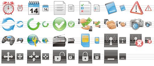 phone toolbar icons - alarm clock, calendar, list, to do list, notes, problem, refresh, repeat, ok, payment, handshake, camera, games, internet access, fm radio, sim card, connected, disconnected, expand window, reduce window, unlock position, lock position, hide window icon