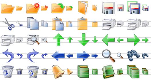 plastic toolbar icons - folder, new folder, open, documents, save, save all, cut, copy, paste, clipboard, printer, print, printing, print preview, up, down, left, right, undo, redo, back, forward, find, search, bin, full bin, bell, book, book v2, books icon