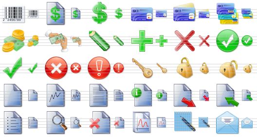 plastic toolbar icons - bar-code, price list, dollar, credit card, bank cards, credit cards, money, payment, edit, add, delete, ok, apply, cancel, error, secured, lock, unlock, file, report, text file, about, export, import, list, preview, close, reports, notes, mail icon
