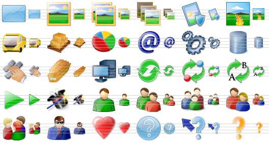 plastic toolbar icons - support, picture, pictures, slide show, image protection, road, bus, pallet, chart, e-mail, function, database, login, card file, computer, refresh, replace objects, replace text, play, wizard, user, users, user group, customers, meeting, security, heart, help, what, info icon