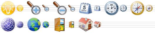 plastic toolbar icons - hint, zoom in, zoom out, calendar, time, compass, globe, earth, exit, home icon