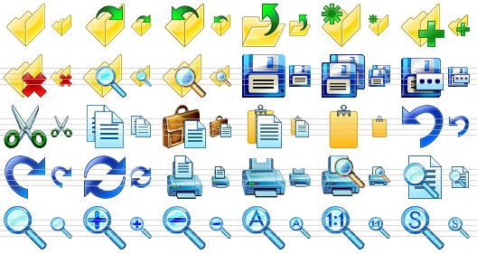program toolbar icons - folder, open, close folder, up folder, new folder, add folder, delete folder, explore folder, folder search, save, save all, save as, cut, copy, paste, paste from clipboard, clipboard, undo, redo, refresh, print, printer, print preview, preview, zoom, zoom in, zoom out, auto zoom, actual size, scale icon