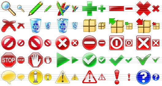 program toolbar icons - search, modify, push pens, add, remove, delete, erase, empty recycle bin, full recycle bin, archive, unpack, pack, no, forbidden, wrong, no entry, turn off, close, stop, abort, go, valid, apply, yes, hint, info, warning, error, problem, help icon