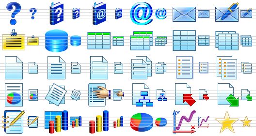 program toolbar icons - status, help book, address book, e-mail, mail, write email, message, database, table, tables, datasheet, datasheets, empty file, document, blank, blanks, list, lists, market report, reports, properties, site map, import, export, notes, 3d bar chart, bar chart, pie chart, chart, favourites icon