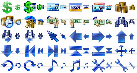 program toolbar icons - dollar, money, credit card, visa card, credit cards, coins, income, insurance, payment, send money, accept money, find, find next, find previous, pointer, left, right, up, down, first, last, top, bottom, move, rotate-ccw, rotate-cw, music, music notes, options, tools icon