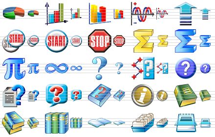 science icon set - pie chart, graph, 3d bar chart, sinusoid, update, restart, start, stop, sum, sum v2, formula, infinity, question, check route, support, how to, hint, help, info, book, books, book library, book of record, card file, notepad icon
