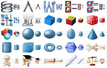 science icon set - spring, compasses, tools, options, check boxes, device configuration, industry, blue cube, rubik cube, probability, objects, sphere, ellipsoid, egg, cone, cylinder, cube, torus, polyhedron, bones, death, knowledge, roll, thermometer, scales icon