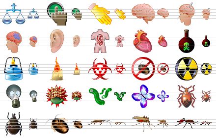 science icon set - balance, pointer, gloved hand, brain, brain probe, tomography, ear, anatomy, heart, poison, spirit-lamp, light, bio hazard, insecticide, radiation 3d, respirator, virus, bacteria, butterfly, bug, tick, african cockroach, cockroach, mosquito, ant icon