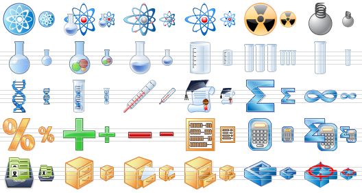 science toolbar icons - science, science symbol, atom, atom symbol, atomic, physics, chemistry, biochemistry, retort, measuring glass, test-tubes, test-tube, dna, dna analysis, thermometer, knowledge, sum, infinity, percent, plus, minus, abacus, calculator, math, card file, card index, open card index, empty card index, location, position icon