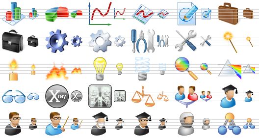 science toolbar icons - 3d chart, pie chart, chart xy, chart, drawing, brief case, case, gear, configuration, tools, options, wizard, light, flame, lamp, fluo, view spectrum, prism, spectacles, x-ray, x-ray picture, scales, opponents, student, teacher, lector, professor, scientist, astronaut, structure icon