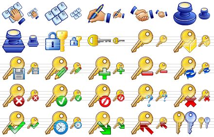 security icon set - login, keyboard, signature, handshake, stamp, rectangular stamp, secrecy, access key, key, open key, save key, modify key, add key, remove key, refresh key, wrong key, valid key, no key, key status, delete key, apply key, temporary key, export key, import key, key copy icon