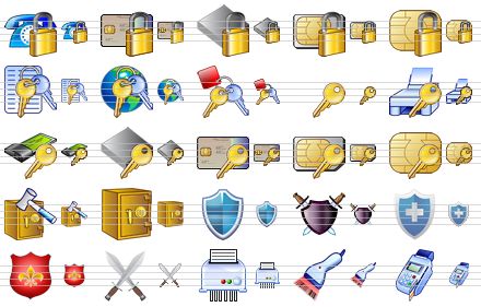 security icon set - locked telephone, locked smartcard, locked device, locked sim-card, locked eeprom-chip, secured document, internet access, trinket, overlay key, secure printer, secure pcmcia device, secure device, secure smartcard, secure sim-card, secure eeprom-chip, safecrack, safe, shield, shield and sword, shield v2, shield v3, swords, shredder, bar-code scanner, card terminal icon