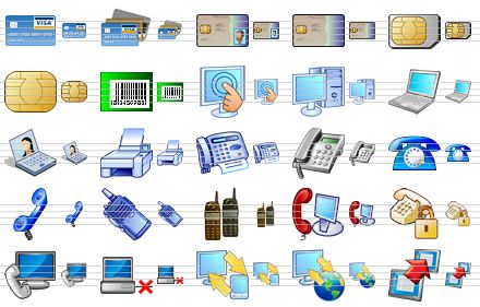 security icon set - visa card, credit cards, personal smartcard, smartcard, sim-card, eeprom-chip, bar-code, access, computer, notebook, visual communication, printer, fax, phone, telephone, telephone receiver, portable radio transmitter, cell phones, phone support, voice identification, monitor and phone, disconnect database, pc-pda synchronization, pc-web synchronization, data transmission icon