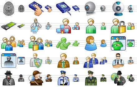 security icon set - finger-print, finger-print scanning, finger-print scanner, web-camera, web-camera v2, pcmcia device, computer doctor, admin, user, locked user, user group, locked users, green user, user profile, programmer, hacker, key keeper, engineer, managers, security guard, spy, detective, police-officer, army officer, thief icon