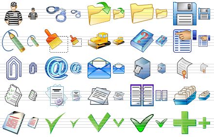 security icon set - prisoner, handcuffs, open file, open, save file, writing pencil, clear, bulldozer, help, properties, attach, e-mail, mail, mail box, certificate, list, report, reports, blanks, card file, event manager, yes, yes v2, yes v3, add icon