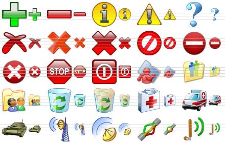 security icon set - add v2, remove, info, warning, question, erase, delete, delete v2, no, no entry, cancel, stop, turn off, red user folder, user folder, user folder v2, empty dustbin, full dustbin, first-aid, ambulance car, tank, radio transmitter, radio transmitter v2, cable, wireless icon