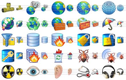 security icon set - network connection, photo earth, earth, earth v2, globe, internet application, recycling, firewall, firewall v2, umbrella, spam-filter, database, data destruction, locked database, unlocked database, database security, destruction of documents, burning trash can, bug, radio bug, radiation 3d, eye, ear, stethoscope, head-phones icon
