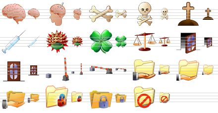 security icon set - brain, brain probe, bones, death, grave, syringe, virus, four-leafed clover, scales, open door, closed door, open barrier, barrier, shared folder, shared folder v2, shared folder v4, locked folder v2, locked folder v4, folder - no entry icon