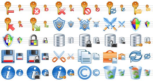 security software icons - remove key, wrong key, delete key, no key, refresh key, open key, import key, export key, shield, protection, guard, windows shield, windows security, windows lock, database, locked database, unlocked database, database security, save file, locked floppy, cut, copy, paste, refresh, info, locked info, secure info, copyright, empty dustbin, full dustbin icon