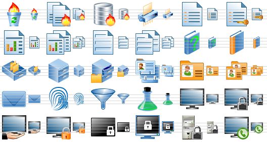 security software icons - burning trash can, burning documents, data destruction, shredder, list, secure list, report, reports, blank, blanks, help, case history, card file, card index, open card index, user account, card, cards, mail, finger-print, filter, data, computer, locked computer, computer access, local security policy, desktop lock, screen lock, computer lock, phone support icon