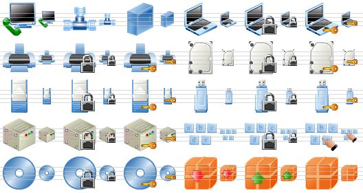 security software icons - monitor and phone, network connection, server, notebook, locked notebook, secure notebook, printer, locked printer, secure printer, hard disk, locked hard disk, secure hard disk, pcmcia device, locked pcmcia device, secure pcmcia device, usb drive, locked usb drive, secure usb drive, device, locked device, secure device, keyboard, locked keyboard, login, cd, locked cd, secure cd, pack, unpack, archive icon