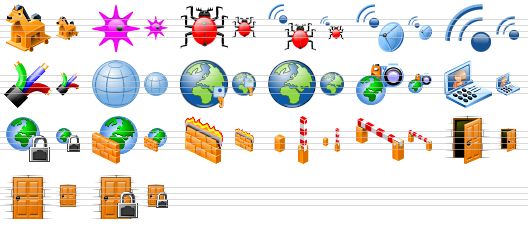 security software icons - trojan, virus, bug, radio bug, radio transmitter, wireless, cable, globe, internet access, earth, global photo, visual communication, internet security, network firewall, firewall, open barrier, barrier, open door, close door, locked door icon