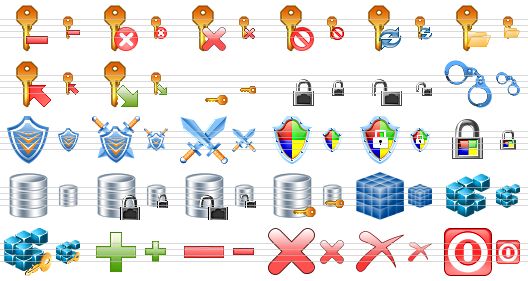 security toolbar icons - remove key, wrong key, delete key, no key, refresh key, open key, import key, export key, small key, small lock, small open lock, handcuffs, shield, protection, guard, windows shield, windows security, windows lock, database, locked database, unlocked database, database security, blue cube, registry, registry key, add, remove, delete, erase, turn off icon