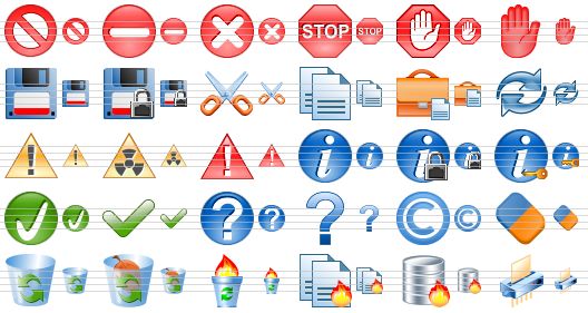 security toolbar icons - no, no entry, cancel, stop, abort, terminate, save file, locked floppy, cut, copy, paste, refresh, warning, radioactive, error, info, locked info, secure info, yes, ok, support, question, copyright, clear, empty dustbin, full dustbin, burning trash can, burning documents, data destruction, shredder icon