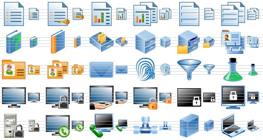 security toolbar icons - list, secure list, report, reports, blank, blanks, help, case history, card file, card index, open card index, user account, card, cards, mail, finger-print, filter, data, computer, locked computer, computer access, local security policy, desktop lock, screen lock, computer lock, phone support, monitor and phone, network connection, server, notebook icon