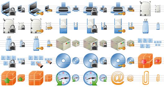 security toolbar icons - locked notebook, secure notebook, printer, locked printer, secure printer, hard disk, locked hard disk, secure hard disk, pcmcia device, locked pcmcia device, secure pcmcia device, usb drive, locked usb drive, secure usb drive, device, locked device, secure device, keyboard, locked keyboard, login, cd, locked cd, secure cd, pack, unpack, archive, history, schedule, e-mail, attach icon