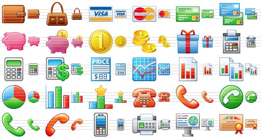 small business icons - wallet, handbag, visa card, maestro card, credit card, credit cards, piggy, piggy bank, coin, coins, gift, cash register, calculator, accounting, price, economics, report, reports, pie chart, bar chart, best, telephone, phone, phone number, call, hangup, mobile phone, fax, billboard, diploma icon