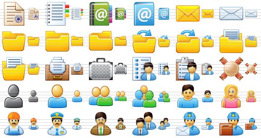 small business icons - certificate, inventory, contacts, address book, letter, mail, open folder, folder, folder v2, open file, open file v2, documents, documents v2, card file, brief case, contact list, client list, conference, unknown person, user, users, user group, boy, girl, worker, policeman, engineer, managers, postman, courier icon