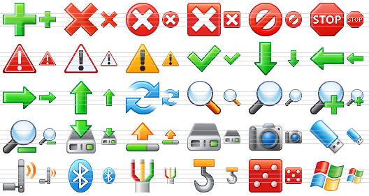 small business icons - add, delete, cancel, close, no, stop, error, problem, warning, tick, down, left, right, up, refresh, search, zoom, zoom in, zoom out, download, upload, hard disk, camera, flash drive, wireless, bluetooth, cable, construction, dice, microsoft icon