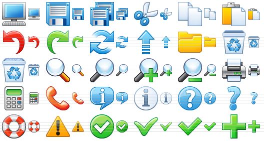 small computer icons - computer, save file, save all, cut, copy, paste, undo, redo, refresh, update, folder, recycle bin, full recycle bin, search, zoom, zoom in, zoom out, print, calculator, phone, about, info, question, query, help, warning, ok, yes, apply, add icon