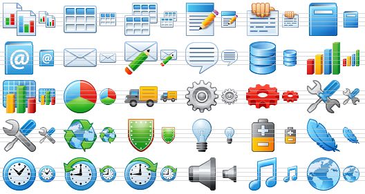small computer icons - reports, table, tables, notes, properties, book, address book, mail, write e-mail, message, database, 3d graph, 3d bar chart, pie chart, delivery, gear, red gear, settings, options, recycling, shield, tip of the day, energy, feather, time, history, schedule, volume, music, web icon